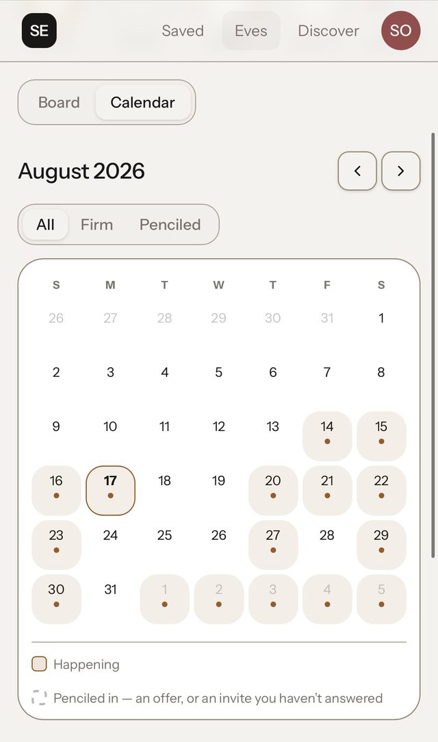 The SocialEve calendar for August: firm plans fill their day, penciled-in asks and unanswered invites hover with a dotted marker