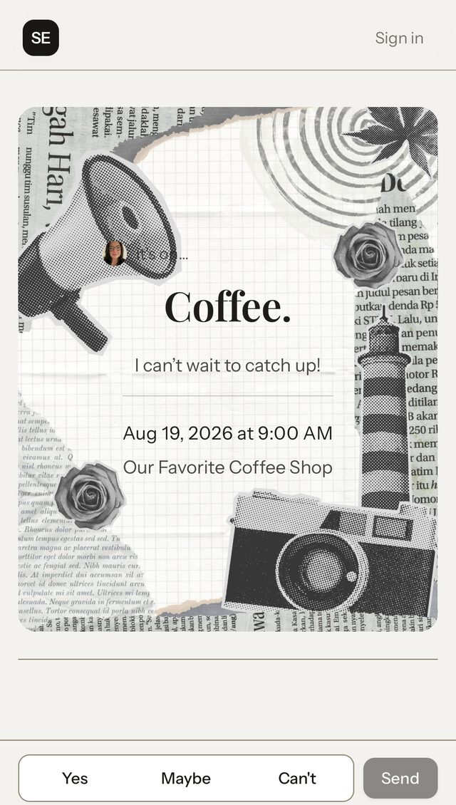 The same coffee invite in a newsprint collage theme with halftone roses, a camera, and a megaphone
