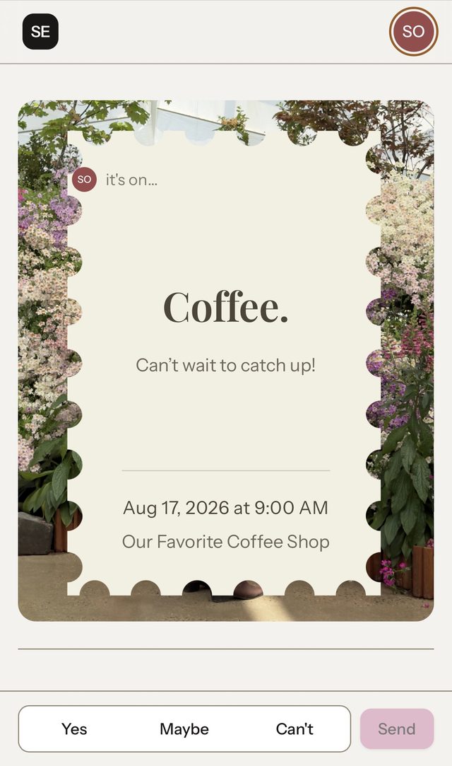 A real SocialEve invite: a floral stamp-edged card reading “Coffee. Can't wait to catch up!” with the date, the place, and Yes / Maybe / Can't reply buttons