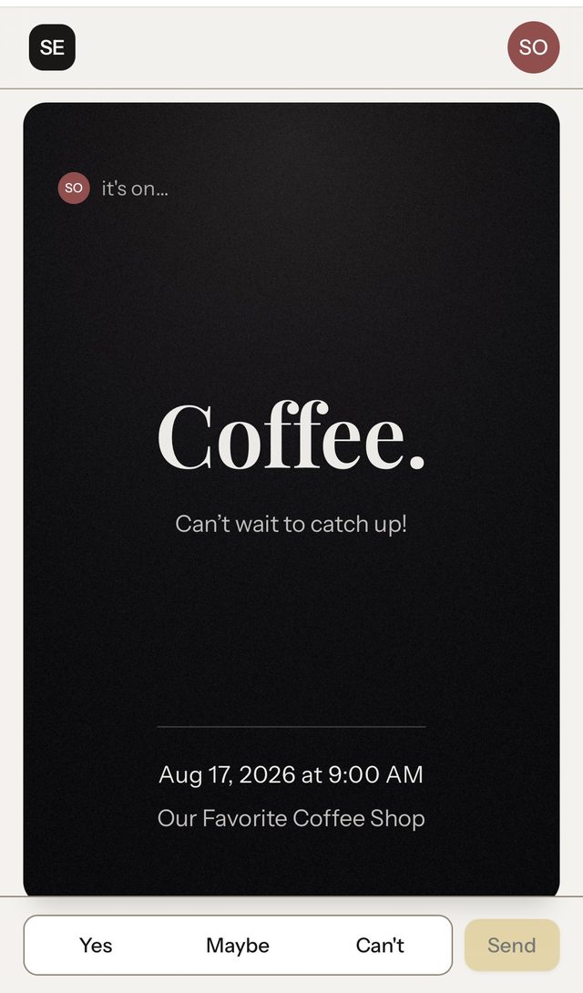 The same coffee invite in a moody ink-black theme with tall serif type